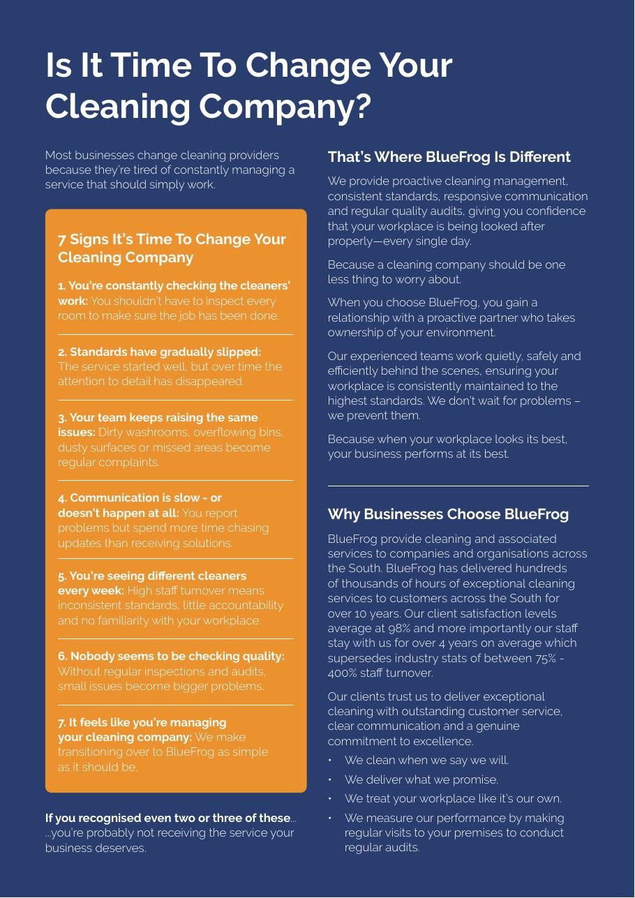 BlueFrog brochure – page 2 of 4 BlueFrog Cleaning brochure page 2